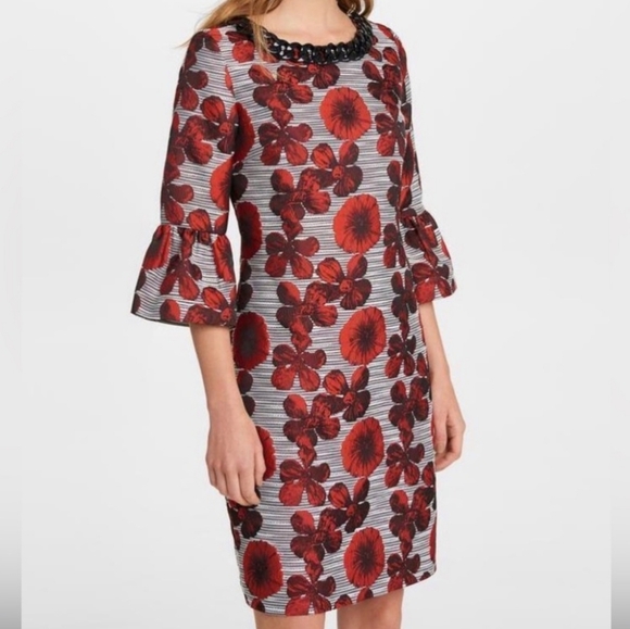 NWT! KARL LAGERFELD Paris Jacquard Flounce Sleeve Party Print Sheath Dress - Picture 1 of 11